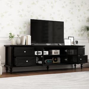 Modern Black Wood TV Console Media Console Entertainment Center with Glass Doors, 4-Drawers Fits TV's Up to 80 in.