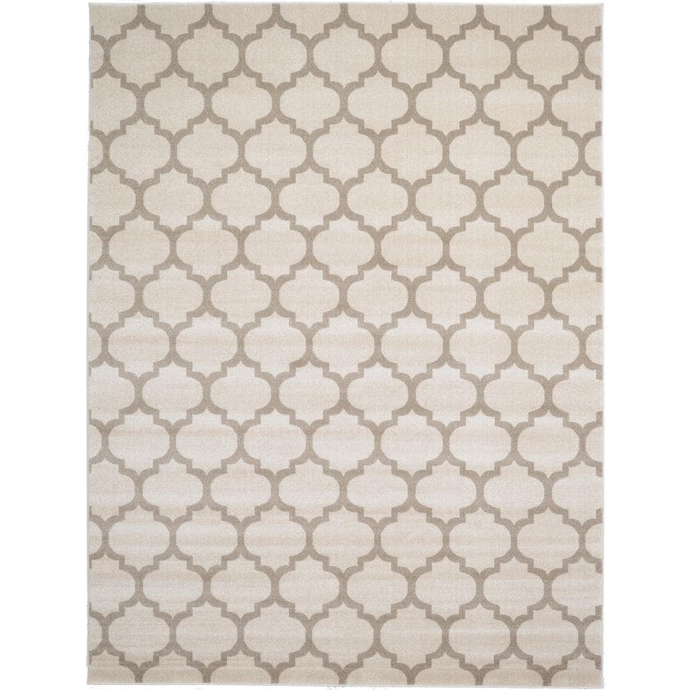 Beige and Light Brown Trellis 9' x 12' Easy-Care Synthetic Rug