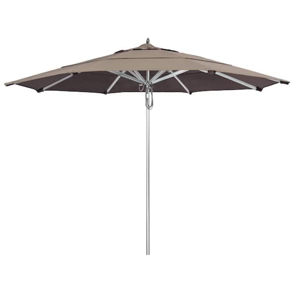 California Umbrella 11 ft. Silver Aluminum Commercial Market Patio Umbrella with Pulley Lift in Taupe Sunbrella