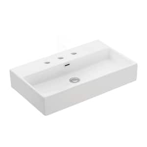 Quattro 70 Wall Mount / Vessel Bathroom Sink in Ceramic White with 3 Faucet Holes