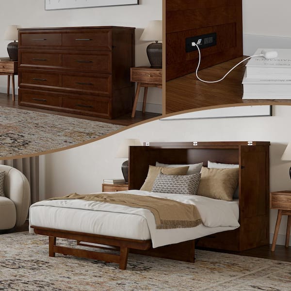 AFI Tucson Walnut Brown Wood Frame Full Size Murphy Bed Chest with Mattress, Storage Drawer and Built-in Charging Station