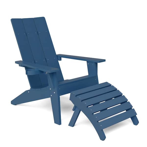 Oversize Modern Navy Plastic Outdoor Patio Adirondack Chair with Folding Ottoman