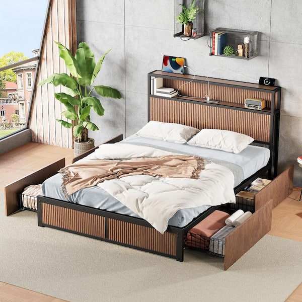 Dillon Brown Metal Frame Queen Size Platform Bed with Multiple Drawer Storage, Charging Station, Fluted Panel