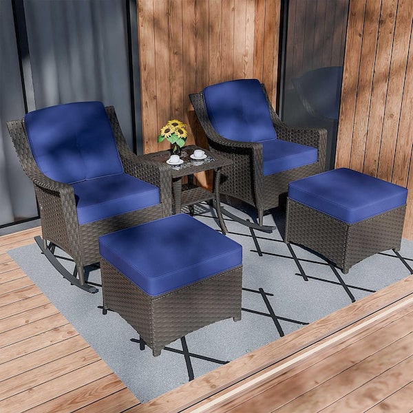 5-Piece Wicker Outdoor Patio Conversation Set Rocking Chair Set with Blue Cushions