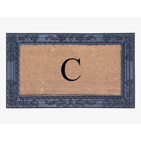 A1 Home Collections A1HC Sketch Border Black/Beige 24 in. x 36 in. Rubber and Coir Heavy Duty Easy to Clean Monogrammed C Door Mat