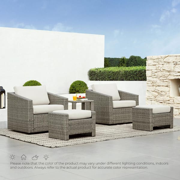 Spruce & Spring Cyril 5 Pieces Grey Fabric Accent Chair Set with 2 Pieces Rattan Swivel Chairs,2 Pieces Ottomans,Side Table