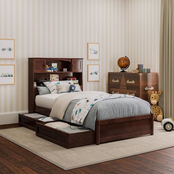 AFI Hadley Walnut Brown Solid Wood Frame Twin Platform Bed with Panel Footboard and Storage Drawers