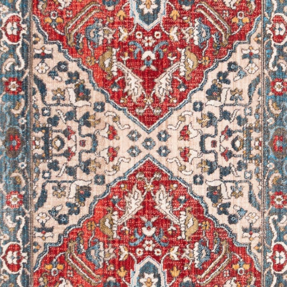 Vintage Red and Blue Floral Synthetic Runner Rug