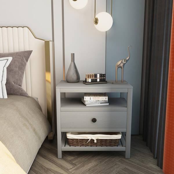 STICKON 1-Drawer Gray Nightstand (Set of 1) (25.2 in. H x 26 in. W 