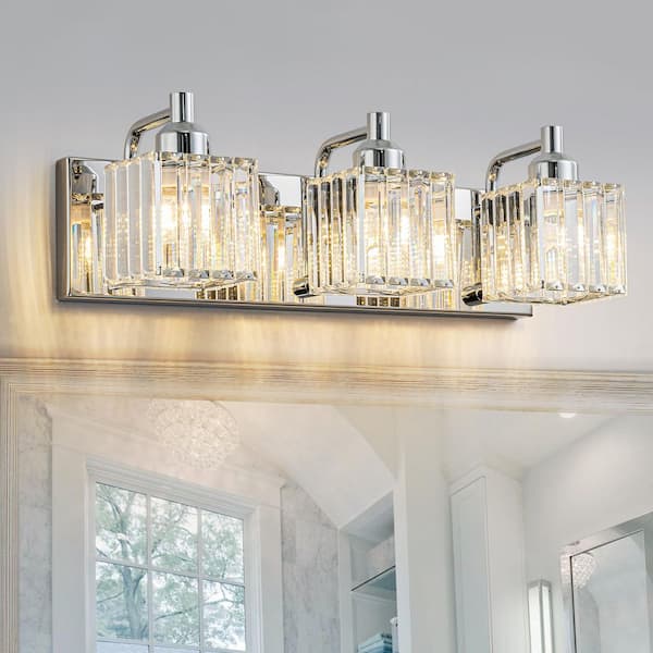 Schonbek 18.7 in. 3-Light Chrome Bathroom Vanity Light Fixture with Crystal Shades