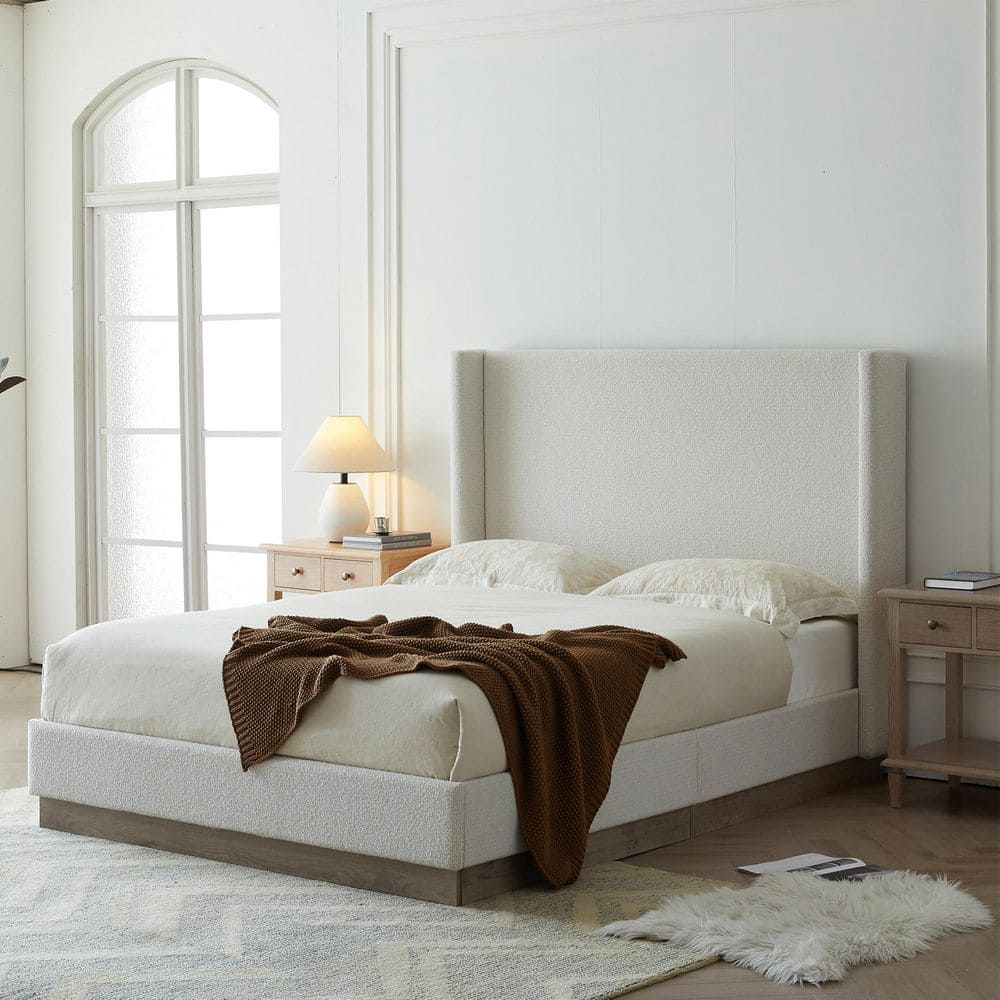 Duncan Oat (Beige) Boucle Fabric Upholstered Metal Frame King Platform Bed with High Wingback Headboard - thumbnail 8