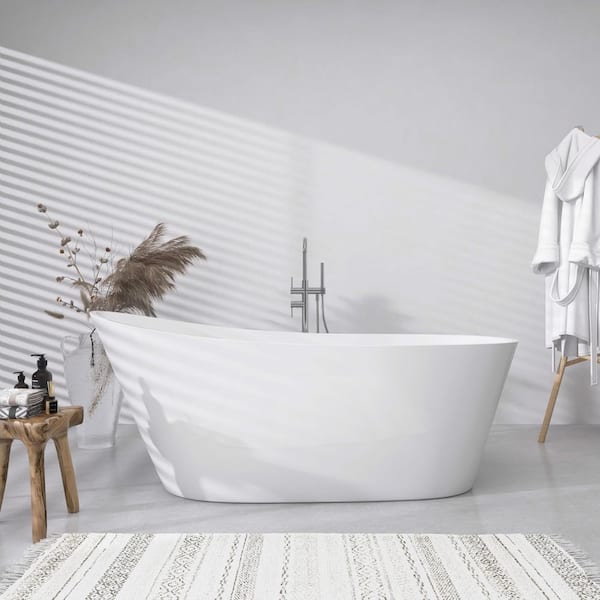 Getpro 59 in. x 29.1 in. Acrylic Freestanding Soaking Bathtub w/ Side Drain Oval Free Standing Flat Bottom Tub in Glossy White