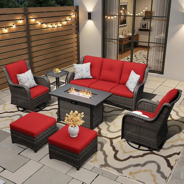 7-Piece Fire Pit Patio Set Wicker Outdoor Patio Conversation Set with Swivel Rocking Chairs, Ottomans and Red Cushions