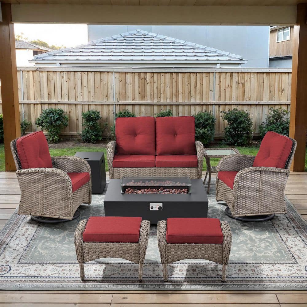 Gray 7-Piece Wicker Patio Fire Pit Set, Loveseat Glider Seating Set with Olefin Red Cushions and Swivel Gliders price history on PriceWatchPro