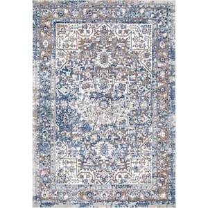 Lilah Distressed Floral Medallion Light Blue 4 ft. x 6 ft. Area Rug