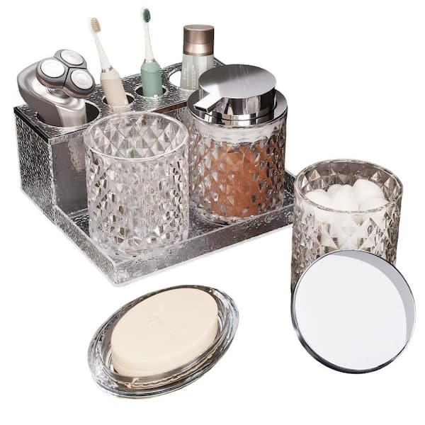 5-Piece Glass Bathroom Accessories Set in Clear, Foaming Soap Dispenser, Soap Dish, Cup and Toothbrush Holder