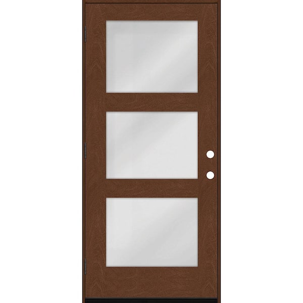 Steves & Sons Regency 30 in. x 80 in. Modern 3-Lite Equal Clear Glass RHOS Chestnut Stain Mahogany Fiberglass Prehung Front Door