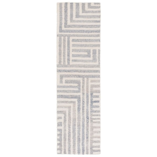 Renewal 2 ft. x 8 ft. Blue/Ivory Geometric Striped Runner Rug