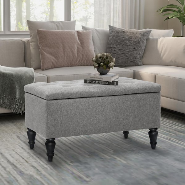 Maypex 29 in. W x 17 in. D x 17 in. H Grey Fabric Upholstered Flip Top Storage Bench with Turn Solid Wood Legs