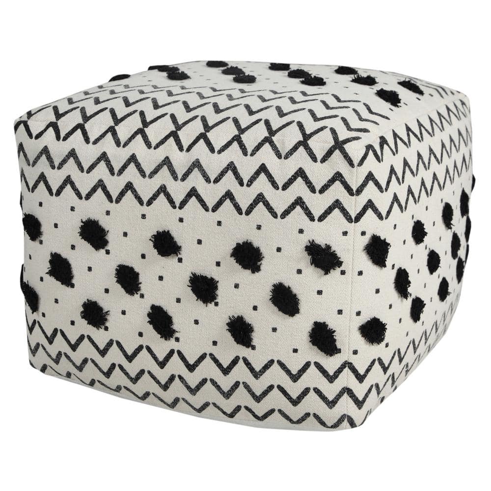 White and Black Geometric Tufted Cotton Square Pouf Ottoman