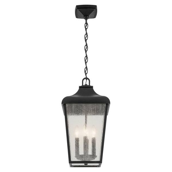 Kichler Harbor Row 4-Light Textured Black Farmhouse Seeded Glass Lantern Led, Medium Indoor/Outdoor Hanging Pendant Light