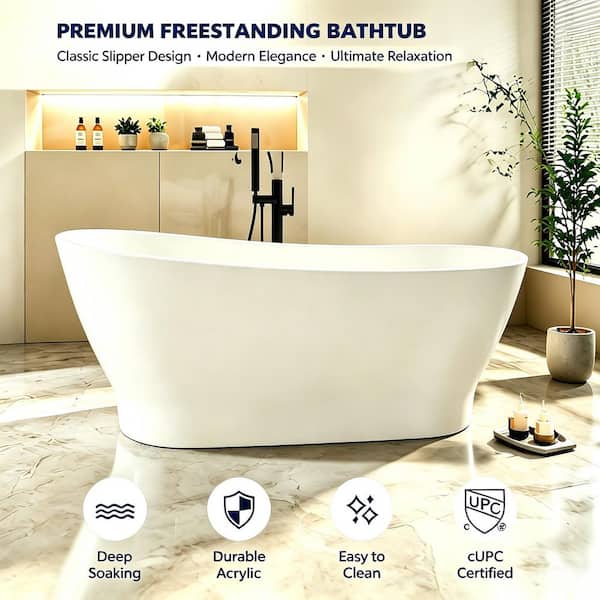 59 in. Acrylic Classic Design Single Slipper Freestanding Bathtub Soaking Tub with cUPC Certificated in White
