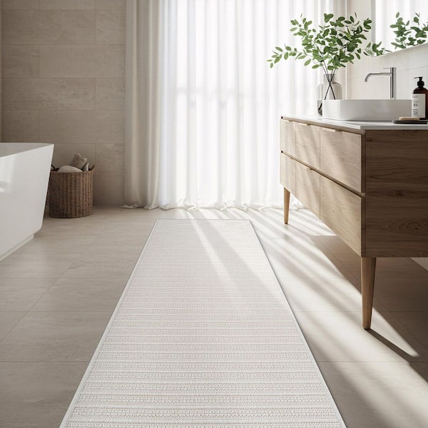 Lomira Bone 2 ft. x 7 ft. Striped Washable Easy Jute Indoor Area Rug