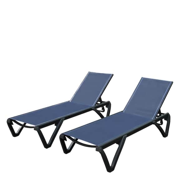 Zeus & Ruta Navy Blue 2-Piece Metal Outdoor Chaise Lounge Chair Sunbathing Chair with 5 Adjustable Positions for Patio, Pool, Deck