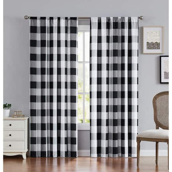 Unbranded Black Plaid Rod Pocket Room Darkening Curtain - 50 in. W x 84 in. L (Set of 2)