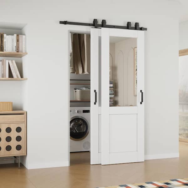 EH PUERTA 48 in. x 80 in. (Double 28 in.) 1/2-Lite Mirrored Glass White Primed MDF Sliding Barn Door with Hardware Kit Bypass