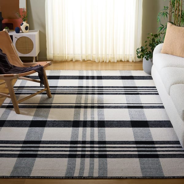 Striped Kilim 9 ft. x 12 ft. Black/Ivory Modern Plaid Area Rug