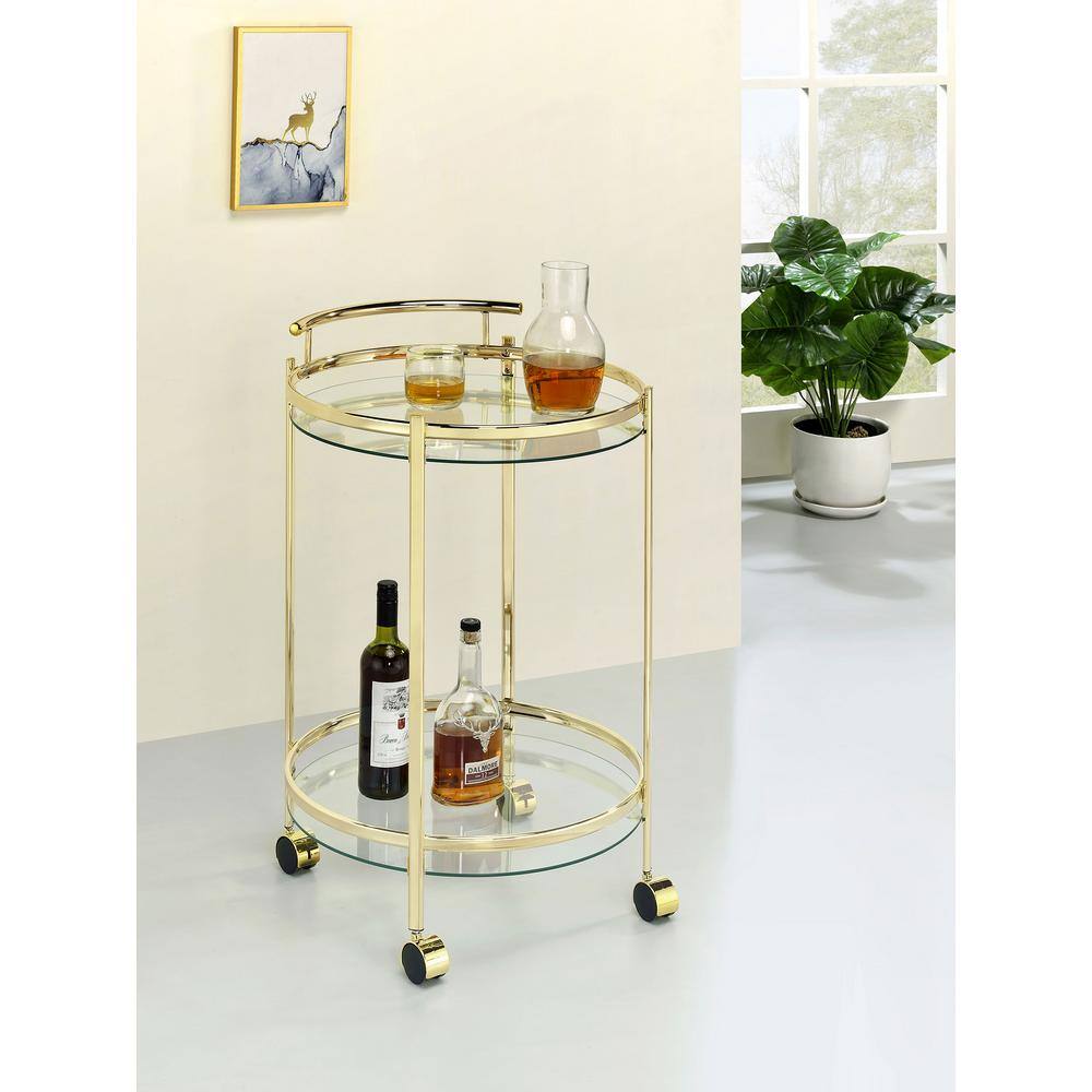 Luxe Modern 31" Gold Metal and Glass Round Bar Cart with Lockable Casters
