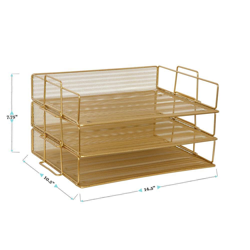 Gold 3-Tier Stackable Steel Mesh Letter Tray Organizer