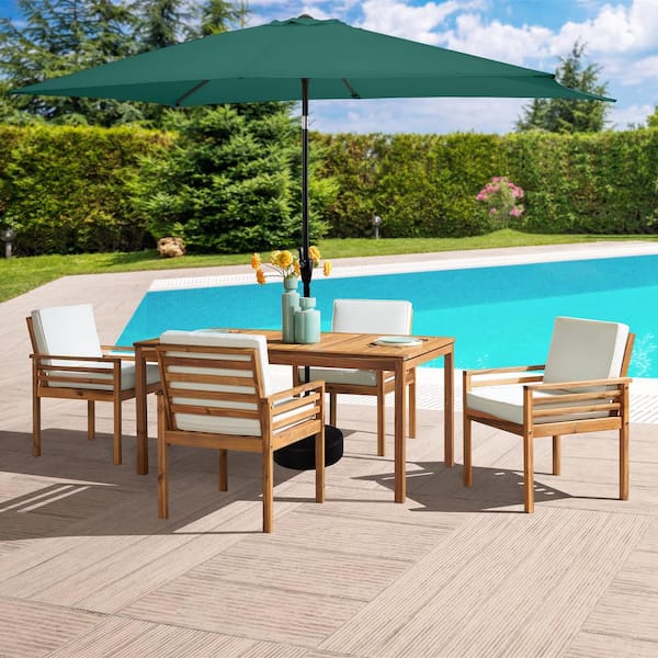 Alaterre Furniture Okemo 6-Piece Wood Outdoor Dining Table Set with 4-Chairs And Cushions, 10 ft. Rectangular Umbrella Hunter Green