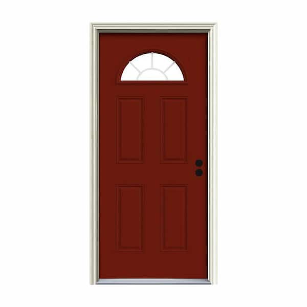 JELD-WEN 36 in. x 80 in. Fan Lite Mesa Red w/White Interior Steel Prehung Left-Hand Inswing Front Door w/Brickmould