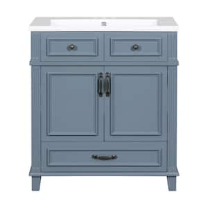 Retro Style 30 in. W x 18 in. D x 34.1 in. H Single Sink Bath Vanity in Blue with White Resin Top, Soft Closing Doors