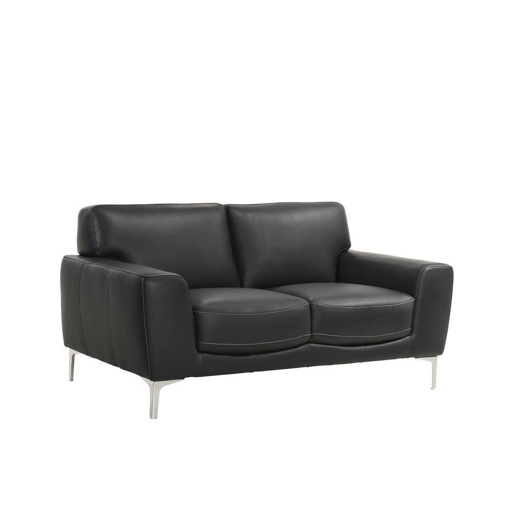Transitional Carrara Black Leather Loveseat with Metal Legs