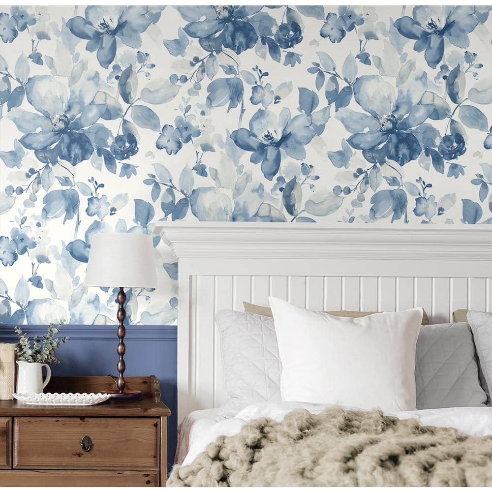 Bluestone Watercolor Garden Floral Pre-pasted Matte Wallpaper Roll