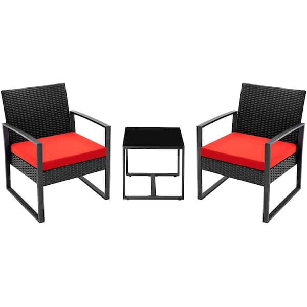 Tozey 3-Piece Black Steel Outdoor Wicker Patio Furniture Sets Outdoor Bistro Set with Red Cushion