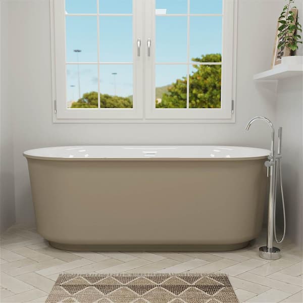 MYCASS 59 in. x 27.56 in. Solid Surface Stone Freestanding Double Slipper Soaking Bathtub with Center Drain in Khaki Color