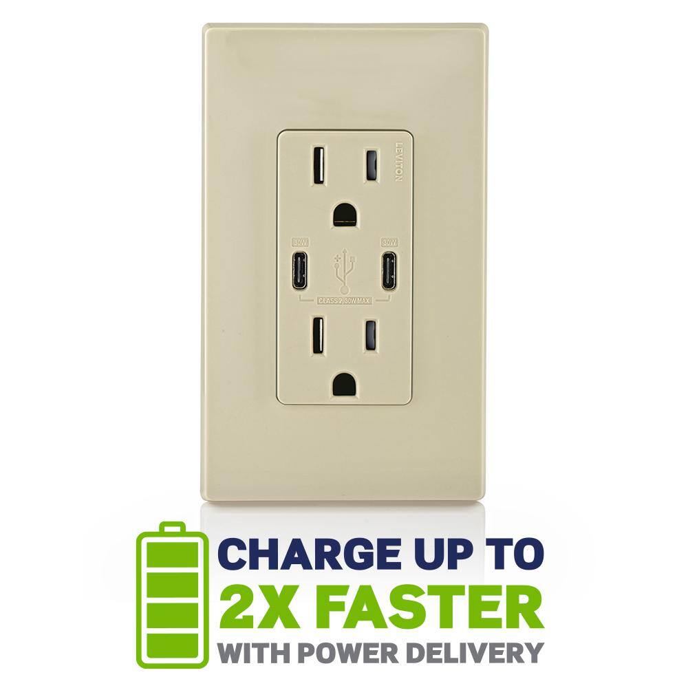 Ivory 15A Tamper-Resistant Outlet with Dual USB Type-C Ports