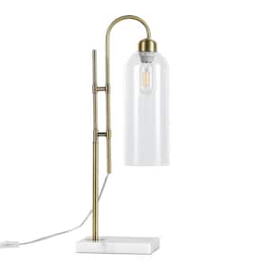 24 in. Clear Glass, Brushed Gold, White Marbled Cage Task And Reading Table Lamp for Living Room Clear Glass Shade