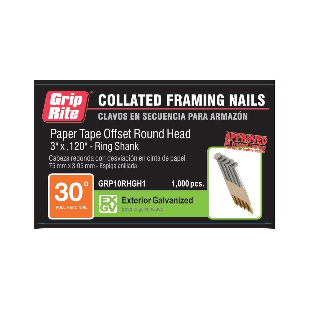 GripRite 3 in. x 0.120 in. Paper Collated HotGalvanzied Framing Nails (1,000 per Pack