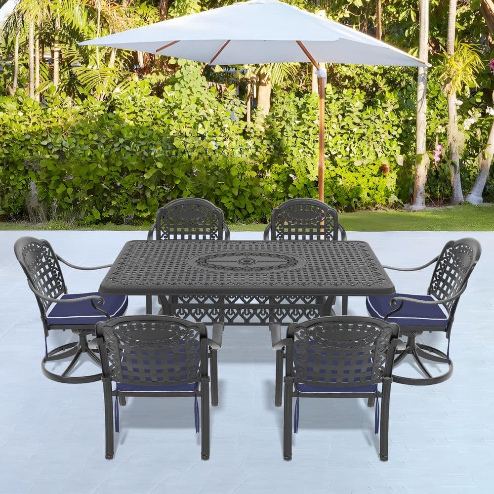 Black 7-Piece Cast Aluminum Rectangular Outdoor Dining Set with Swivel Chairs and All-Weather Cushions price history on PriceWatchPro