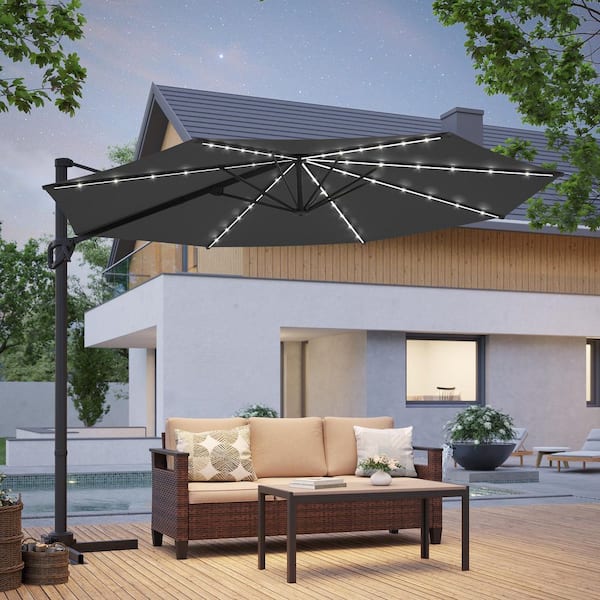 10 ft. Solar-powered Cantilever Patio Umbrella with 360° Rotation and Canopy Angle Adjustment in Anthracite