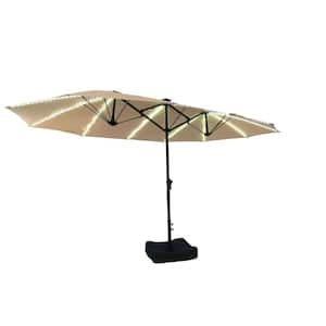 15 ft. Double Side Market Patio Umbrella in Beige with Fiberglass Ribs, 360° Illumination, Base for Balcony, Yard