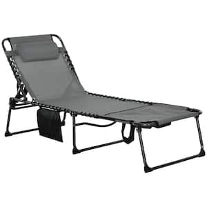 Gray Folding Beach Lounge Chair with Side Pocket and Headrest, 5-level Adjustable Lounger Tanning Chair with Pillow