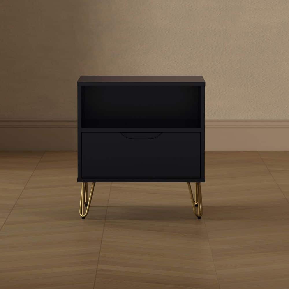 Avira Mid-Century Modern Black 1-Drawer 20.1 in. W Nightstand