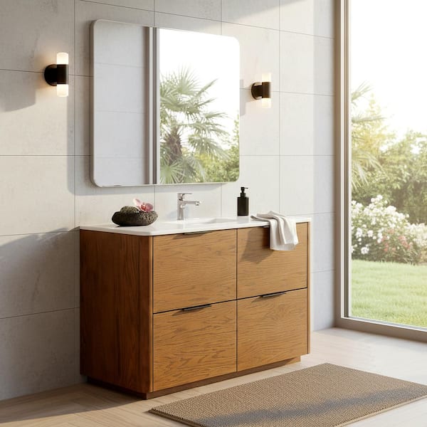 Gabrietta 48 in. Single Sink Medium Oak Bath Vanity with White Marble Top