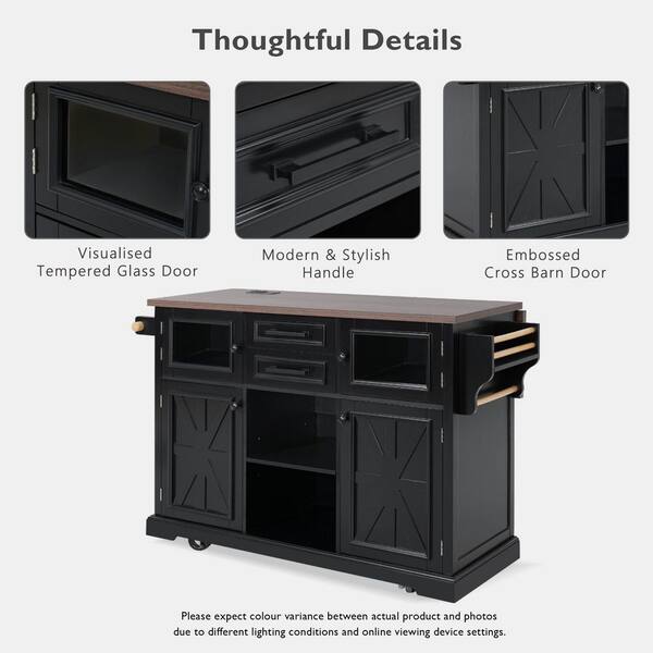 Black Wood 46 in. Kitchen Island with Pull Out Cabinet Organizer